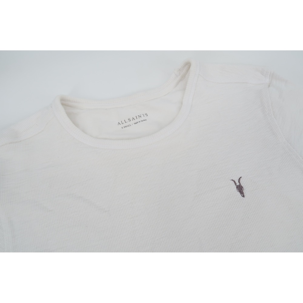 AllSaints Muse Crew T-Shirt Mens XS White Ramskull Logo Short Sleeve Thermal